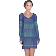 Blue Green Faded Plaid Long Sleeve Nightdress by SpinnyChairDesigns