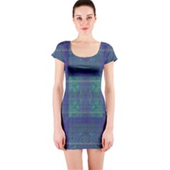 Blue Green Faded Plaid Short Sleeve Bodycon Dress by SpinnyChairDesigns