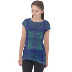 Blue Green Faded Plaid Cap Sleeve High Low Top by SpinnyChairDesigns