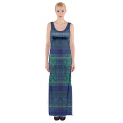 Blue Green Faded Plaid Thigh Split Maxi Dress by SpinnyChairDesigns