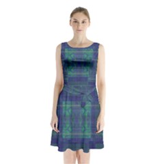 Blue Green Faded Plaid Sleeveless Waist Tie Chiffon Dress by SpinnyChairDesigns