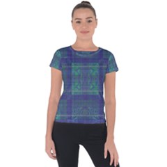 Blue Green Faded Plaid Short Sleeve Sports Top  by SpinnyChairDesigns