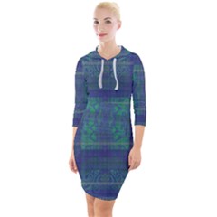 Blue Green Faded Plaid Quarter Sleeve Hood Bodycon Dress by SpinnyChairDesigns