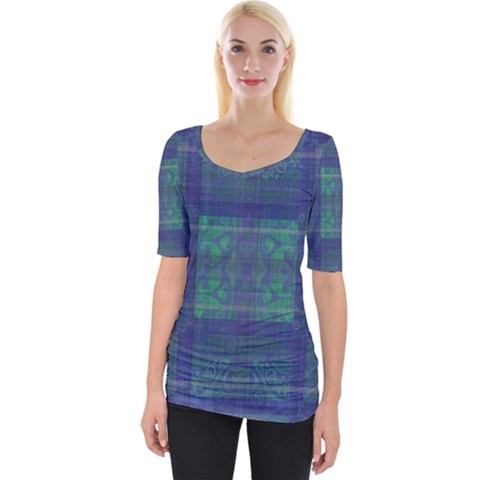 Blue Green Faded Plaid Wide Neckline Tee by SpinnyChairDesigns