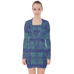 Blue Green Faded Plaid V-neck Bodycon Long Sleeve Dress by SpinnyChairDesigns