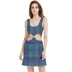 Blue Green Faded Plaid Velvet Cutout Dress by SpinnyChairDesigns