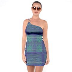 Blue Green Faded Plaid One Soulder Bodycon Dress by SpinnyChairDesigns