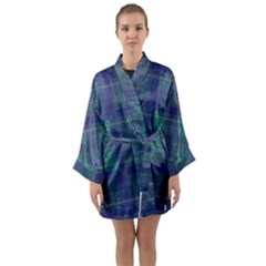 Blue Green Faded Plaid Long Sleeve Satin Kimono by SpinnyChairDesigns