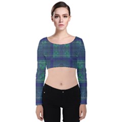 Blue Green Faded Plaid Velvet Long Sleeve Crop Top by SpinnyChairDesigns