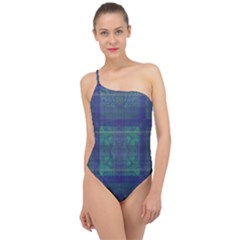 Blue Green Faded Plaid Classic One Shoulder Swimsuit by SpinnyChairDesigns