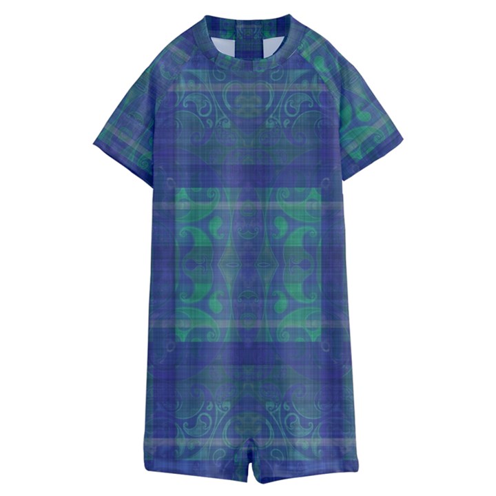 Blue Green Faded Plaid Kids  Boyleg Half Suit Swimwear