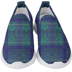 Blue Green Faded Plaid Kids  Slip On Sneakers by SpinnyChairDesigns