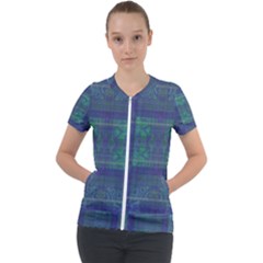 Blue Green Faded Plaid Short Sleeve Zip Up Jacket by SpinnyChairDesigns