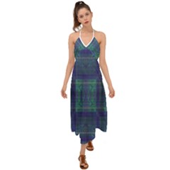 Blue Green Faded Plaid Halter Tie Back Dress  by SpinnyChairDesigns