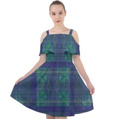 Blue Green Faded Plaid Cut Out Shoulders Chiffon Dress by SpinnyChairDesigns