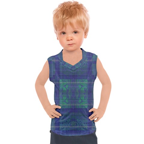 Blue Green Faded Plaid Kids  Sport Tank Top by SpinnyChairDesigns