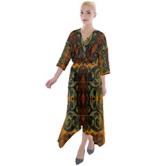 Vintage Red Gold Green Quarter Sleeve Wrap Front Maxi Dress by SpinnyChairDesigns