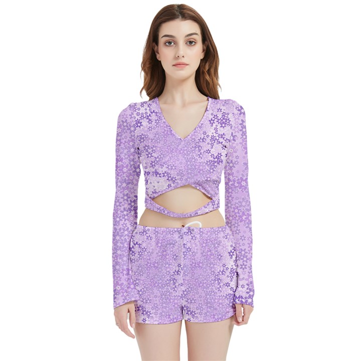 Purple Wildflowers Pattern Velvet Wrap Crop Top