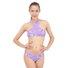 Purple Wildflowers Pattern High Neck Bikini Set by SpinnyChairDesigns