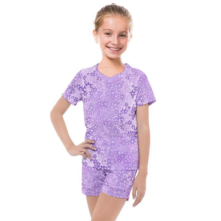 Purple Wildflowers Pattern Kids  Mesh Tee and Shorts Set