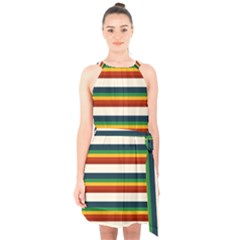 Rainbow Stripes Halter Collar Waist Tie Chiffon Dress by tmsartbazaar