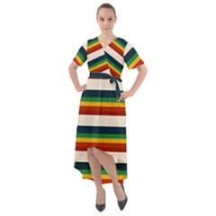 Rainbow Stripes Front Wrap High Low Dress by tmsartbazaar