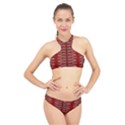 Red Grey Ikat Pattern High Neck Bikini Set View1