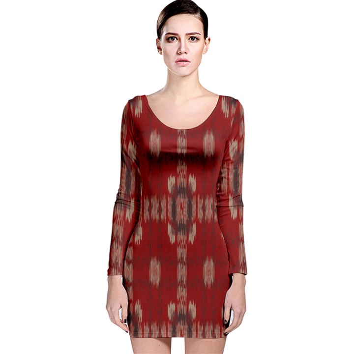 Red Grey Ikat Pattern Long Sleeve Velvet Bodycon Dress