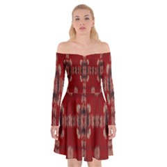 Red Grey Ikat Pattern Off Shoulder Skater Dress by SpinnyChairDesigns