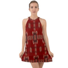 Red Grey Ikat Pattern Halter Tie Back Chiffon Dress by SpinnyChairDesigns