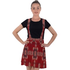 Red Grey Ikat Pattern Velvet Suspender Skater Skirt by SpinnyChairDesigns