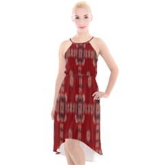 Red Grey Ikat Pattern High-low Halter Chiffon Dress  by SpinnyChairDesigns