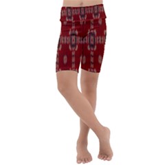 Red Grey Ikat Pattern Kids  Lightweight Velour Cropped Yoga Leggings by SpinnyChairDesigns