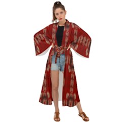 Red Grey Ikat Pattern Maxi Kimono by SpinnyChairDesigns