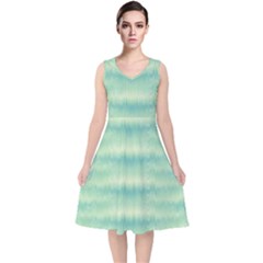 Light Green Turquoise Ikat Pattern V-neck Midi Sleeveless Dress  by SpinnyChairDesigns