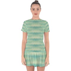 Light Green Turquoise Ikat Pattern Drop Hem Mini Chiffon Dress by SpinnyChairDesigns