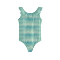 Light Green Turquoise Ikat Pattern Kids  Frill Swimsuit by SpinnyChairDesigns