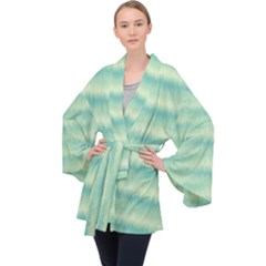 Light Green Turquoise Ikat Pattern Long Sleeve Velvet Kimono  by SpinnyChairDesigns