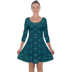 Teal Ikat Pattern Quarter Sleeve Skater Dress by SpinnyChairDesigns