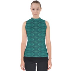 Teal Ikat Pattern Mock Neck Shell Top by SpinnyChairDesigns