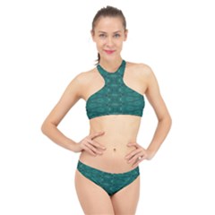 Teal Ikat Pattern High Neck Bikini Set by SpinnyChairDesigns