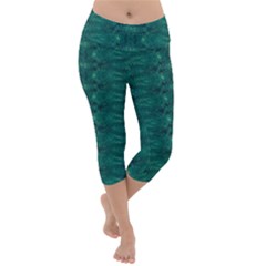 Teal Ikat Pattern Lightweight Velour Capri Yoga Leggings by SpinnyChairDesigns