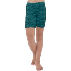 Teal Ikat Pattern Kids  Lightweight Velour Capri Yoga Leggings by SpinnyChairDesigns