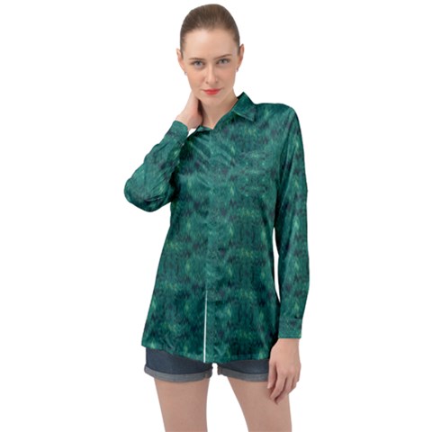 Teal Ikat Pattern Long Sleeve Satin Shirt by SpinnyChairDesigns