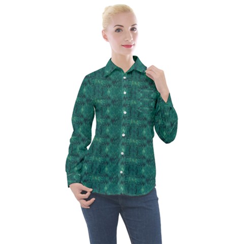 Teal Ikat Pattern Women s Long Sleeve Pocket Shirt by SpinnyChairDesigns