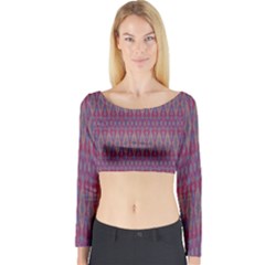 Red Blue Ikat Pattern Long Sleeve Crop Top by SpinnyChairDesigns