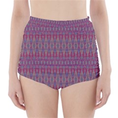 Red Blue Ikat Pattern High-waisted Bikini Bottoms by SpinnyChairDesigns