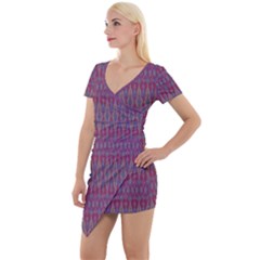 Red Blue Ikat Pattern Short Sleeve Asymmetric Mini Dress by SpinnyChairDesigns