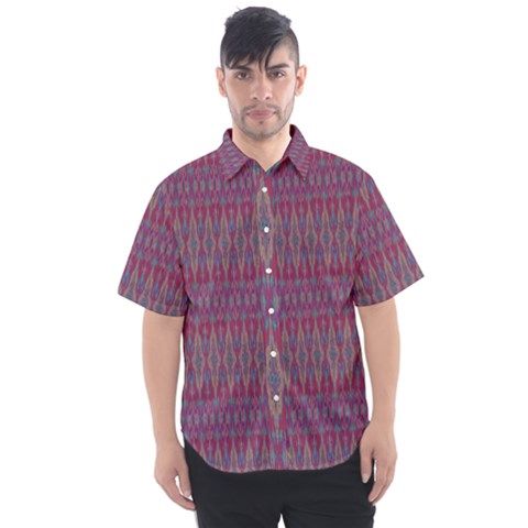 Red Blue Ikat Pattern Men s Short Sleeve Shirt by SpinnyChairDesigns