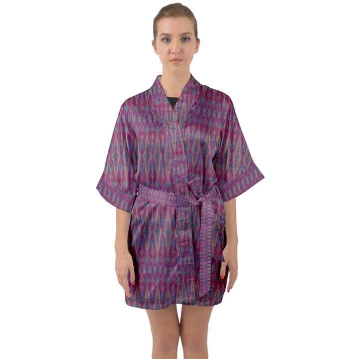 Red Blue Ikat Pattern Half Sleeve Satin Kimono 